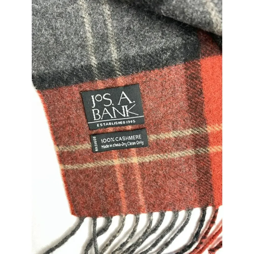Jos. A. Bank 100% Cashmere Plaid Scarf Fringe Orange Gray Blue Autumn Gorpcore